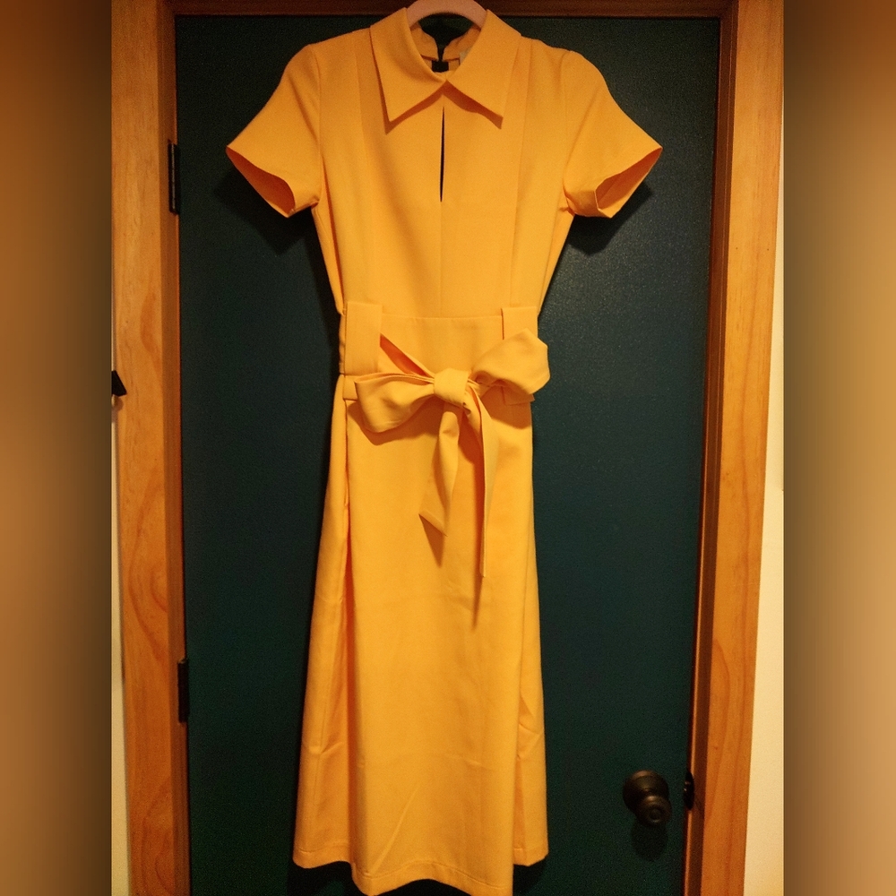 Julia Allert Elegant Golden Rod Yellow Belted Collared Midi Dress